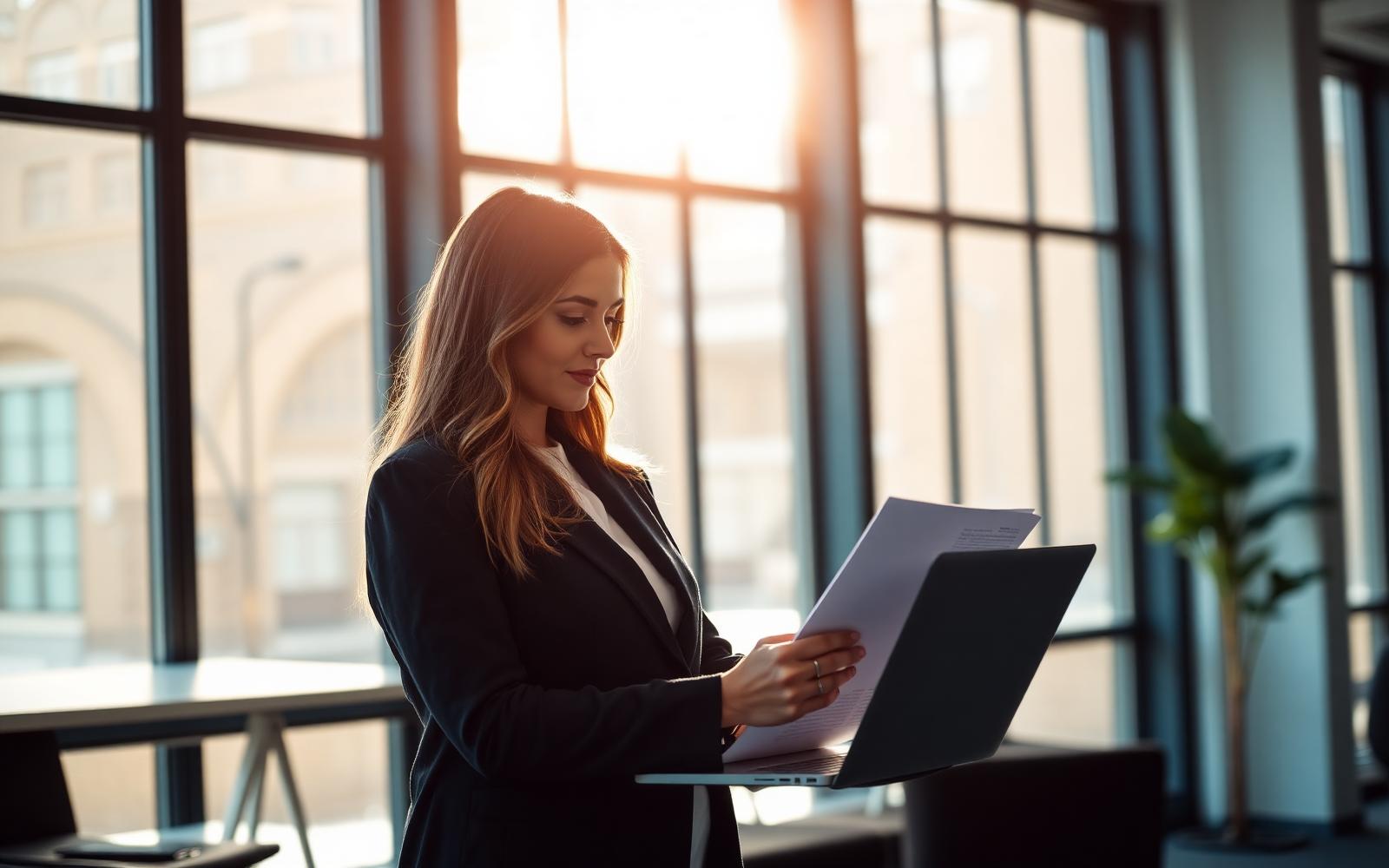Professionnelle utilisant GestionOrdre dans un bureau lumineux